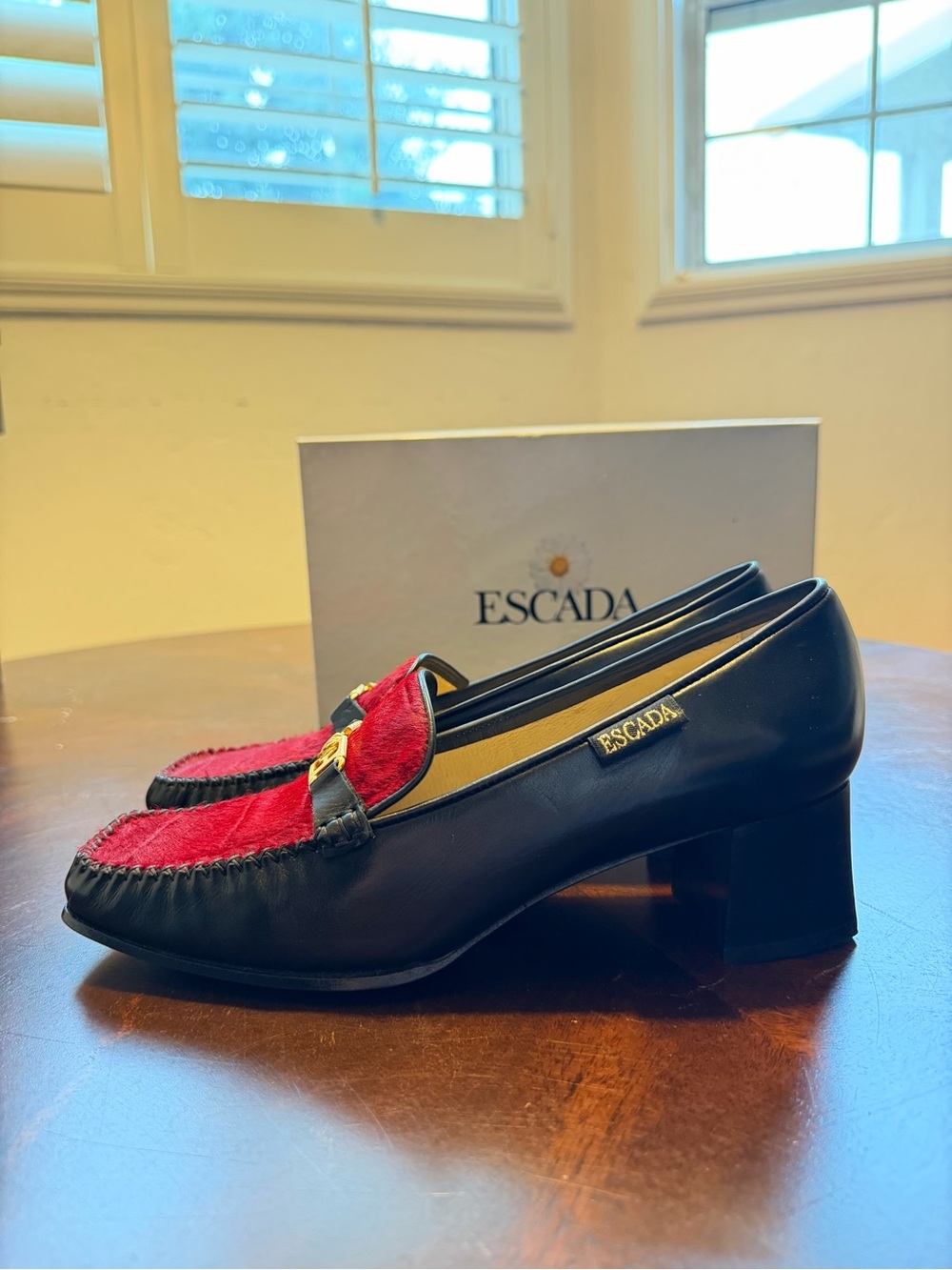 Y2K Escada Black and Red Calf Hair Hand Sewn Moccasin Block Heel Sz 37